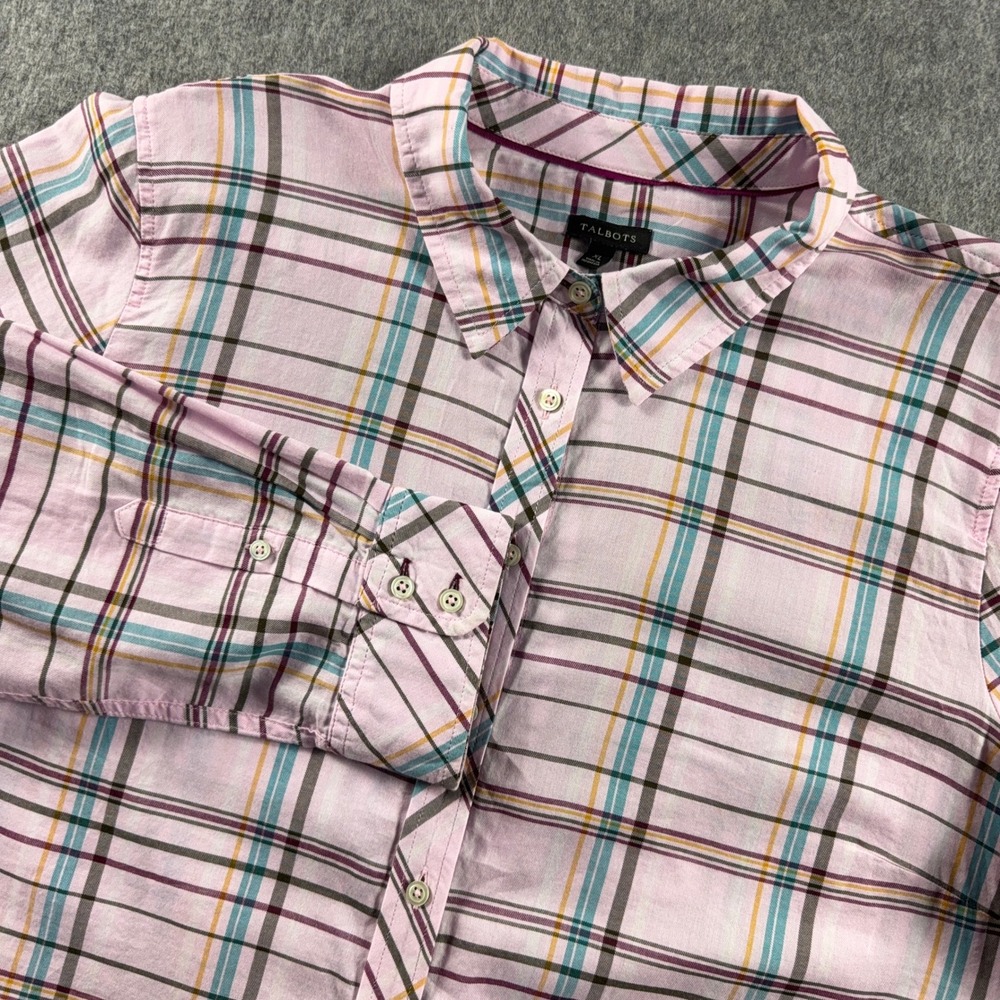 Talbots Women's Button-Down Shirt XL Pink Plaid Cotton Long Sleeve Collared Top